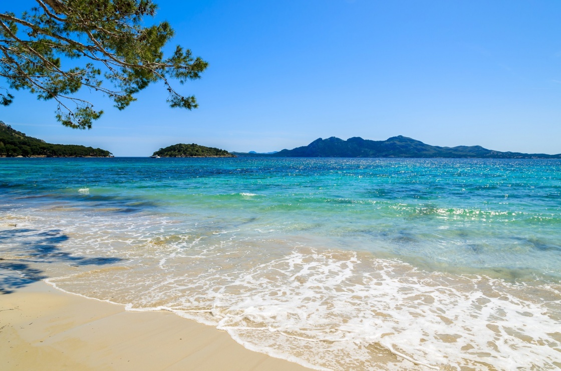 Beach sea bay turquoise water mountain view , Cala Pi de La Posada, Cap Formentor, Majorca, Spain